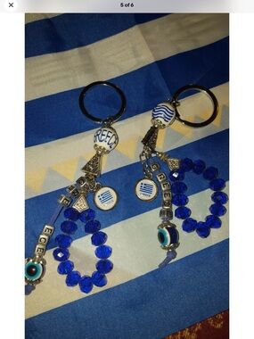 GREEK KEY CHAIN WITH Greek Flag AND EVIL Eye New from Greece vintage Y2K